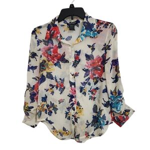 About A Girl Floral Sheer Button Up Blouse Long Sleeve Women's XS